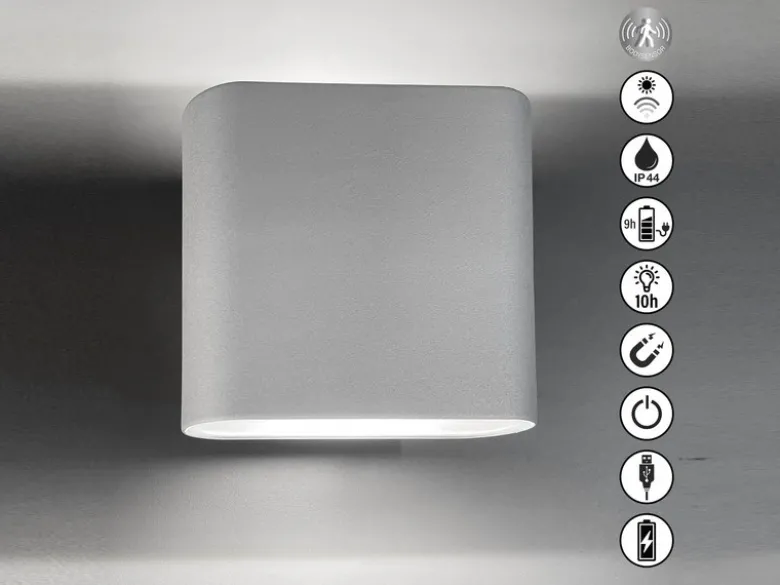Akku Außenleuchte MAGNETIC Silber mit Bewegungsmelder, Breite 10cm