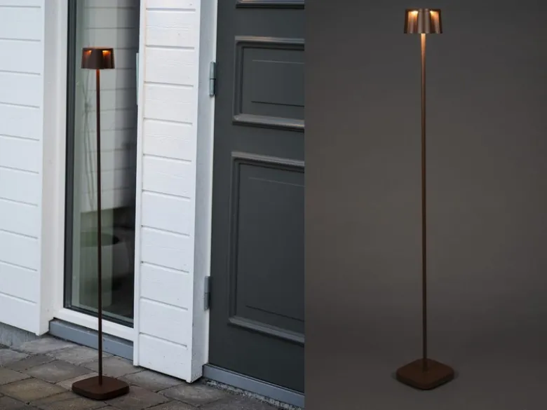 Akku Stehlampe NICE für Outdoor dimmbar, kabellos in Rostoptik, klein 120cm