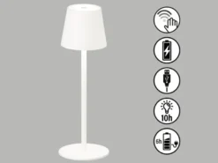 Akku Tischlampe TROPEA Weiß mit USB Kabel & Sensor Dimmer, Höhe 38cm