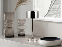 Akku Tischleuchte JEFF per USB aufladbar, Sensordimmer, Silber Chrom, H: 30cm
