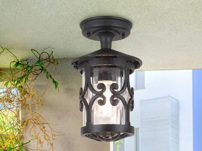 Außen Deckenlaterne HEREFORD aus Alu im Landhausstil, Schwarz Höhe 26cm