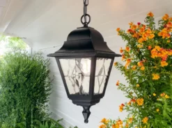 Außen LED Hängeleuchte Landhausstil Kettenlaterne mit Bleiglas, Höhe 60cm