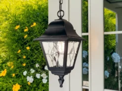 Außen LED Hängeleuchte Landhausstil Kettenlaterne mit Bleiglas, Höhe 60cm