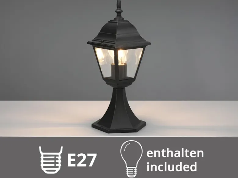Außen Sockelleuchte Aluminium Schwarz, Gartenlaterne mit E27 LED, Höhe 39cm