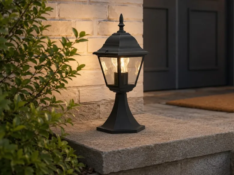 Außen Sockelleuchte Aluminium Schwarz, Gartenlaterne mit E27 LED, Höhe 39cm