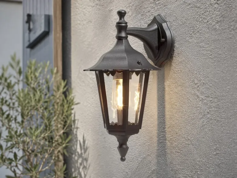 Außenwandleuchte antike Laterne hängend aus Aluminium Schwarz, E27, Höhe 39cm