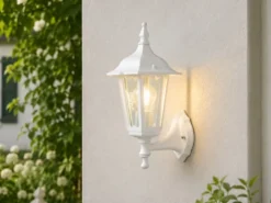 Außenwandleuchte antike Laterne stehend aus Aluminium Weiß, E27, Höhe 36cm