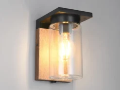 Außenwandleuchte ARDILA Holzoptik mit E27 Glas Lampenschirm, Höhe 19cm