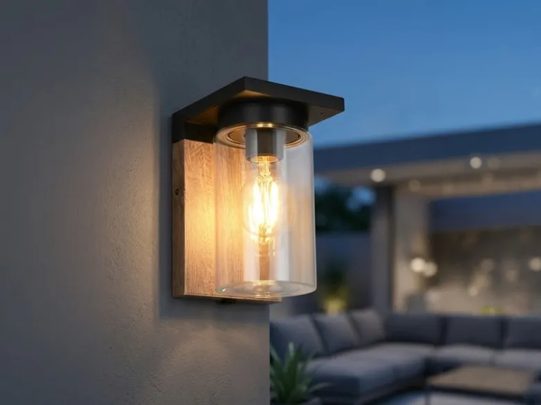Außenwandleuchte ARDILA Holzoptik mit E27 Glas Lampenschirm, Höhe 19cm