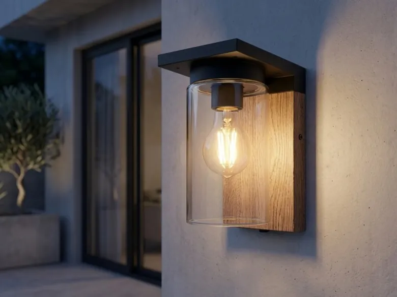 Außenwandleuchte ARDILA Holzoptik mit E27 Glas Lampenschirm, Höhe 19cm