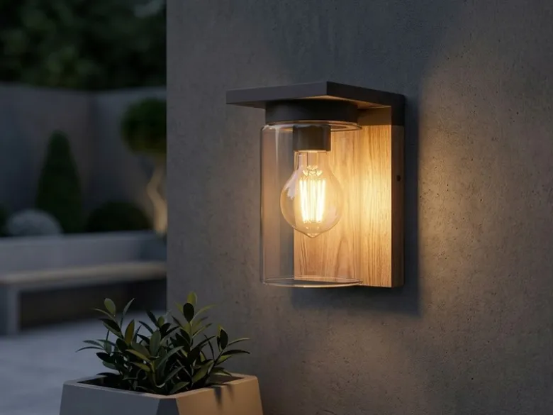 Außenwandleuchte ARDILA Holzoptik mit E27 Glas Lampenschirm, Höhe 19cm