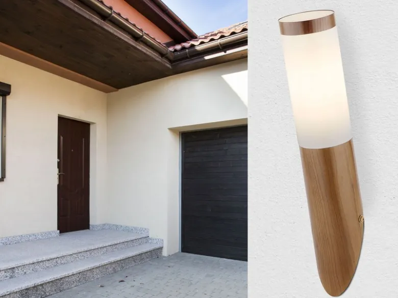 Außenwandleuchte BOSTON aus Edelstahl in Holzoptik, Höhe 39cm