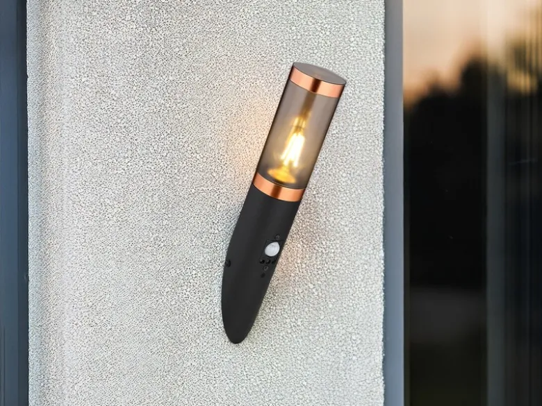 Außenwandleuchte BOSTON in Schwarz & Kupfer mit Bewegungsmelder, Höhe 41cm