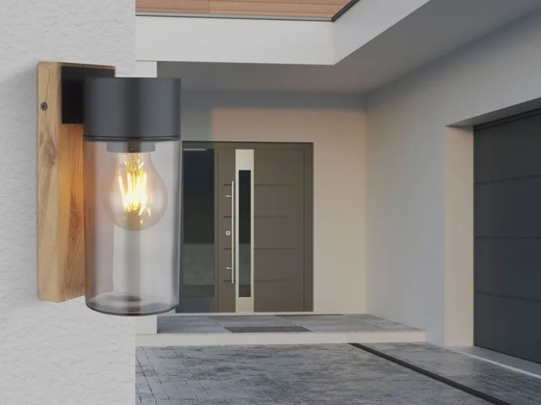 Außenwandleuchte ETSI aus Edelstahl in Holzoptik mit rauchfarbigem Glas H:22,5cm