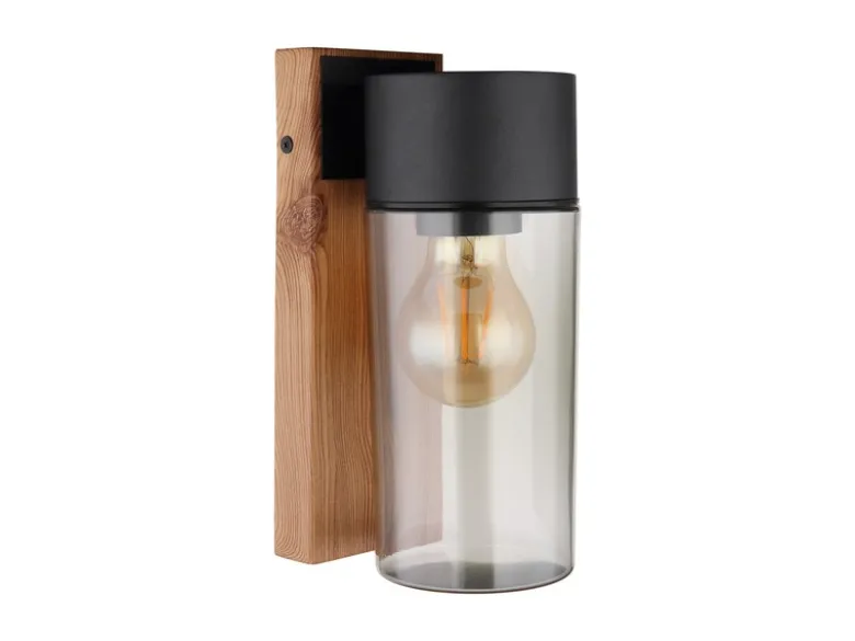 Außenwandleuchte ETSI aus Edelstahl in Holzoptik mit rauchfarbigem Glas H:22,5cm