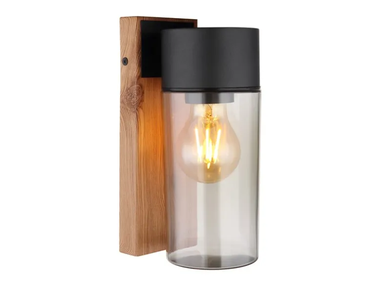 Außenwandleuchte ETSI aus Edelstahl in Holzoptik mit rauchfarbigem Glas H:22,5cm