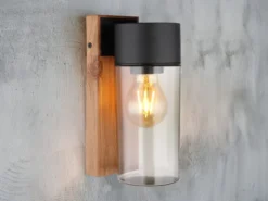 Außenwandleuchte ETSI aus Edelstahl in Holzoptik mit rauchfarbigem Glas H:22,5cm