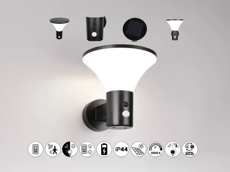 Außenwandleuchte GORDA mit Solar und Strom, Hybrid mit Bewegungsmelder Höhe 19cm