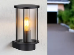 Außenwandleuchte GRACEY Laterne aus Edelstahl mit Rauchglas, Höhe 25cm