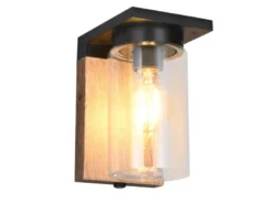 Außenwandleuchte Holzoptik mit E27 LED & Glas Lampenschirm, Höhe 19cm