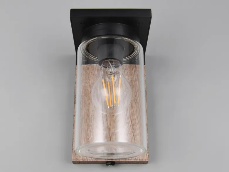 Außenwandleuchte Holzoptik mit E27 LED & Glas Lampenschirm, Höhe 19cm