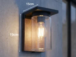 Außenwandleuchte Holzoptik mit E27 LED & Glas Lampenschirm, Höhe 19cm