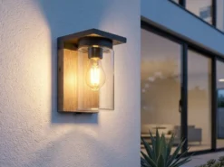 Außenwandleuchte Holzoptik mit E27 LED & Glas Lampenschirm, Höhe 19cm