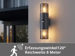 Außenwandleuchte HOOSIC mit Bewegungsmelder, Schwarz Rauchfarbig E27, Höhe 33cm