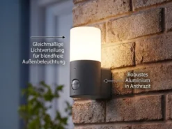 Außenwandleuchte HOOSIC mit Bewegungsmelder in Anthrazit E27, Höhe 17,5cm