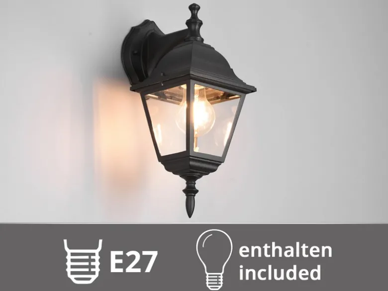 Außenwandleuchte Laterne hängend, Aluminium Schwarz mit E27 LED, Höhe 34cm