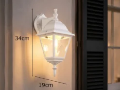Außenwandleuchte Laterne hängend, Aluminium Weiß mit E27 LED, Höhe 34cm