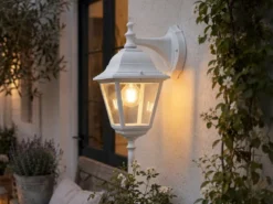 Außenwandleuchte Laterne hängend, Aluminium Weiß mit E27 LED, Höhe 34cm