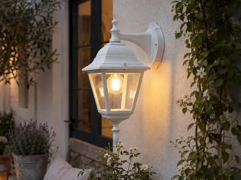 Außenwandleuchte Laterne hängend, Aluminium Weiß mit E27 LED, Höhe 34cm