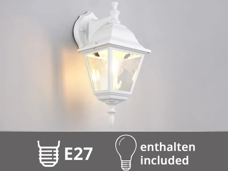 Außenwandleuchte Laterne hängend, Aluminium Weiß mit E27 LED, Höhe 34cm