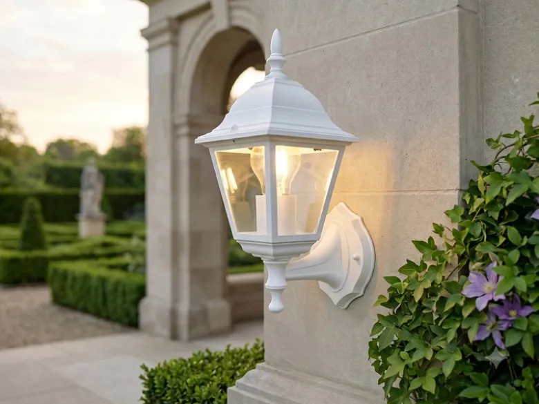 Außenwandleuchte Laterne stehend, Aluminium Weiß mit E27 LED, Höhe 34cm