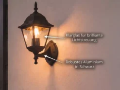 Außenwandleuchte Laterne stehend, Aluminium Schwarz mit E27 LED, Höhe 34cm