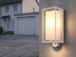 Außenwandleuchte LOGANA Laterne mit Bewegungsmelder in Weiß, Höhe 28cm