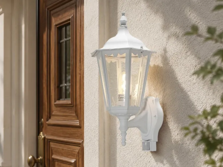 Außenwandleuchte mit Bewegungsmelder, antike E27 Wandlaterne, Weiß Höhe 48cm