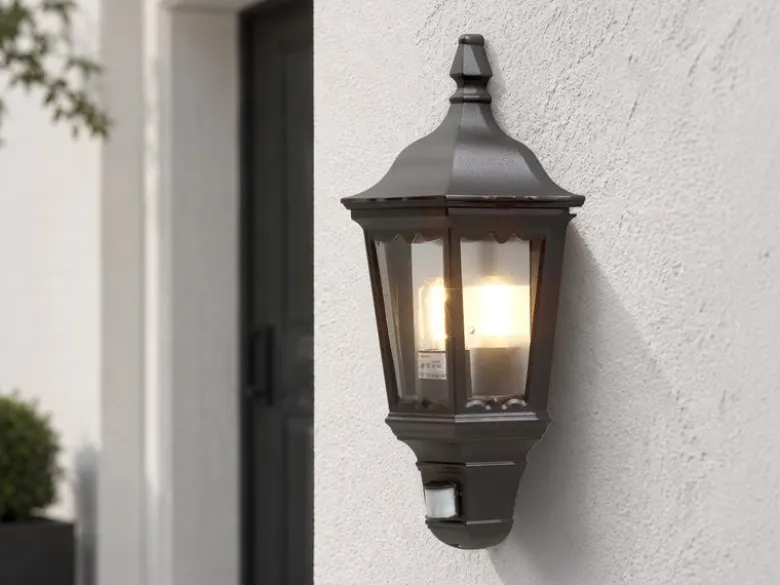 Außenwandleuchte mit Bewegungsmelder E27 Laternen Halbschale Schwarz Höhe 49,5cm