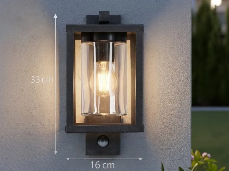 Außenwandleuchte mit Bewegungsmelder & E27 LED Laterne Anthrazit, Höhe 33cm