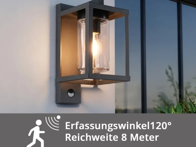 Außenwandleuchte mit Bewegungsmelder & E27 LED Laterne Anthrazit, Höhe 33cm