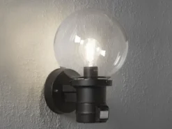 Außenwandleuchte NEMI mit Bewegungsmelder, Schwarz mit Glas Kugel Ø 20cm