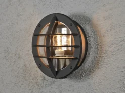 Außenwandleuchte ODEN mit Steckdose, Alu Schwarz & Klarglas, Ø 31cm
