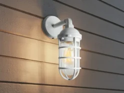 Außenwandleuchte OLBIA aus Aluminium Weiß & Klarglas, Höhe 33cm