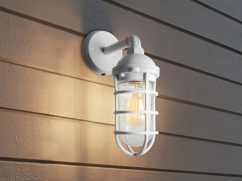 Außenwandleuchte OLBIA aus Aluminium Weiß & Klarglas, Höhe 33cm