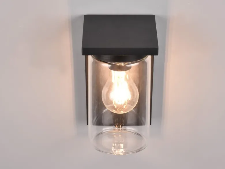Außenwandleuchte Schwarz mit E27 LED & Glas Lampenschirm, Höhe 19cm