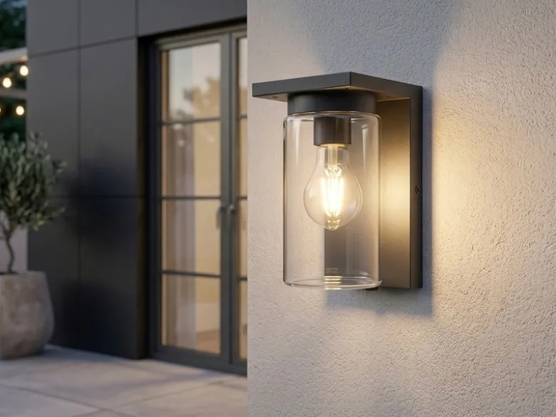 Außenwandleuchte Schwarz mit E27 LED & Glas Lampenschirm, Höhe 19cm