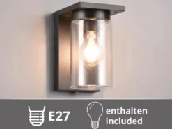Außenwandleuchte Schwarz mit E27 LED & Glas Lampenschirm, Höhe 19cm
