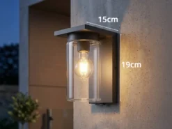 Außenwandleuchte Schwarz mit E27 LED & Glas Lampenschirm, Höhe 19cm