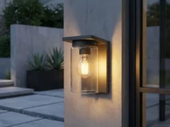 Außenwandleuchte Schwarz mit E27 LED & Glas Lampenschirm, Höhe 19cm